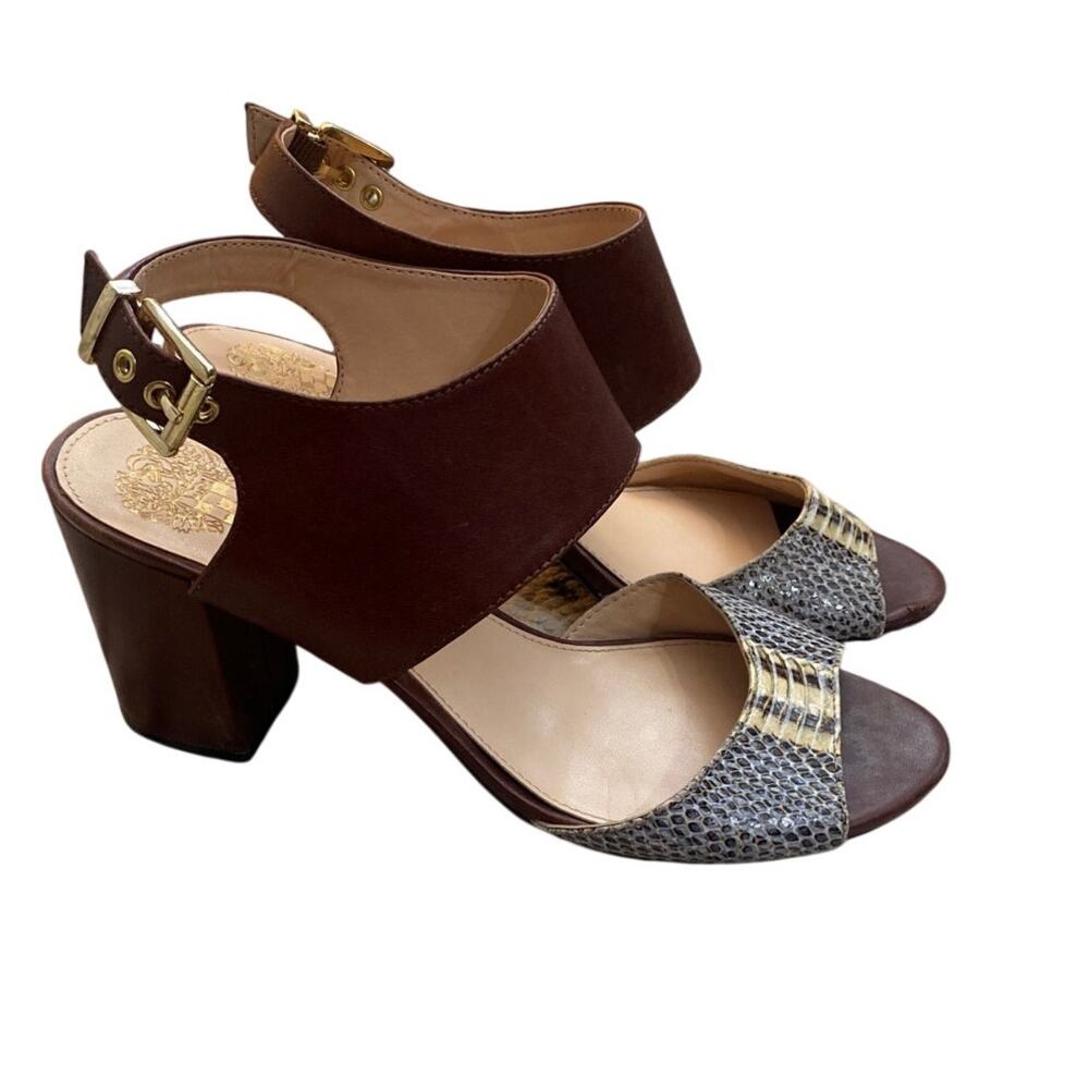 Vince Camuto Yovanna Leather Snakeskin Ankle Strap Block Heel Sandals Size 8 M